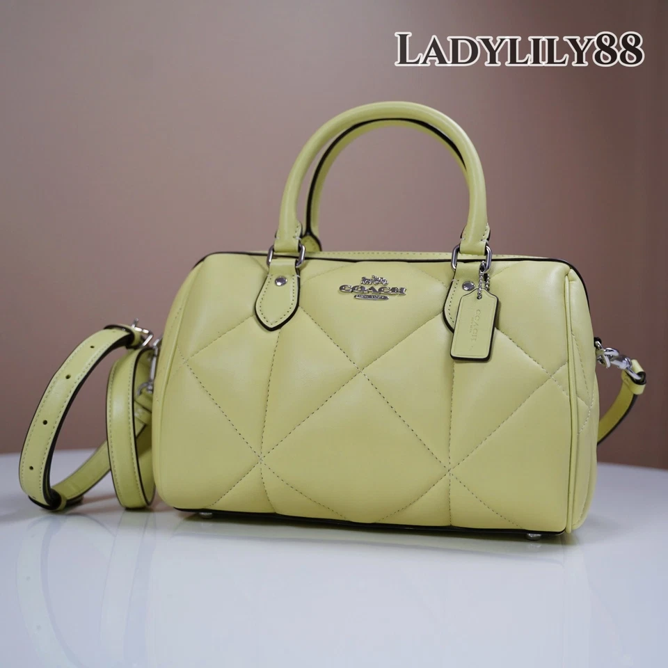 coach rowan satchel crossbody handbag diamond quilt Sv/pale Lime