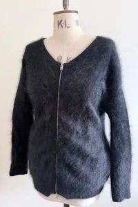 J.Lindeberg Women Angora Wool Black V Neck Zip Cardigan Jacket - Size Large - Picture 1 of 10
