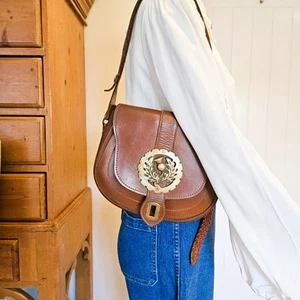 Vintage 70s Brown Leather Cross Body Saddle Bag Shoulder Thistle Horse Brass - Picture 1 of 24