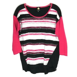 JNY Jones New York Sport Womens S Black White Pink Striped 3/4 Sleeve Tee Shirt - Picture 1 of 6