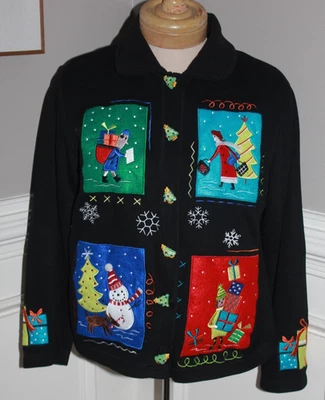 Onque Casuals Vacaciones Navidad Cárdigan Cuello Regalos Árboles Botón Negro Med Foto 1 de 4