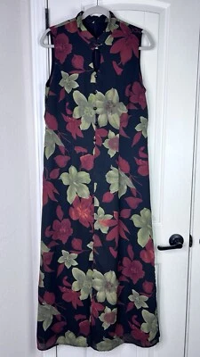 Vestido Sheri Martin de Colección Años 80 Estilo Asiático Negro Floral Forrado Maxi Carrera Retro Foto 1 de 4