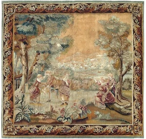 7x7 1900 Antique French Tapestry Square Wool & Silk Game 196cm x 201cm - Picture 1 of 14