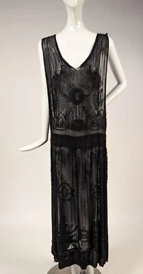 FLAPPER 1920’S SHEER BLACK SILK CHIFFON DRESS W GEOMETRIC ART DECO BEADING - Image 1 of 4