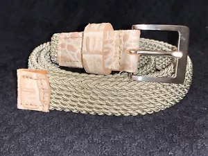 Beige Elasticated Plaited Braided Crock Real Leather Belt Chrome Buckle 33mm H3 - Picture 1 of 6