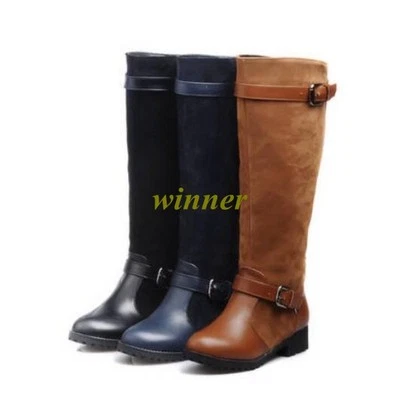 Womens Chunky Low Heel Buckle Belt Knee High Wide Calf Boots Riding Booties Size - Image 1 of 4