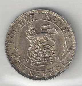 GREAT BRITAIN, 1911, 6 PENCE, SILVER, KM#815, CHOICE ALMOST UNCIRCULATED - Picture 1 of 2