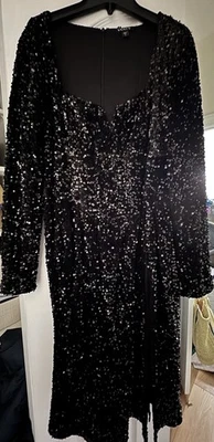 Mini Vestido Venus Lentejuelas Negro Manga Larga Cuello en V Cóctel Talla GRANDE Con Abertura Foto 1 de 4