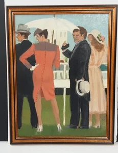 Original Oil On Canvas Painting Couples At The Derby 1984 14"x18" Framed Signed - Picture 1 of 5