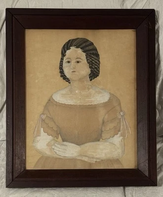 Antique Primitive Portrait Drawing 18X21 Framed Ink Pastel China Head Doll 1870s - Image 1 of 4