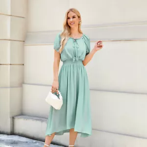 Women Lace Up Short Sleeve A-Line Midi Dress Casual Loose Party Holiday Sundress - Picture 1 of 16