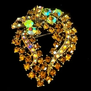 Vintage Rare Amber Clear Crystals Aurora Borealis Art Deco Brooch - Picture 1 of 4