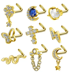 9PC 20G Surgical Steel Nose Ring L Bend Nose Stud CZ Moon Chain Earring Piercing - Picture 1 of 19