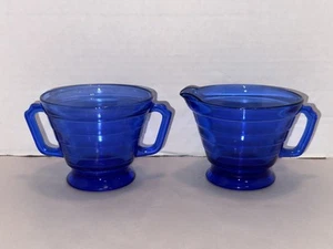 Vintage Hazel Atlas Moderntone Cobalt Blue Creamer Pitcher and Sugar Bowl - Picture 1 of 11