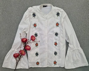 Topshop Ladies Embroidered White Shirt Size 12 collarless Bell sleeve - Picture 1 of 7