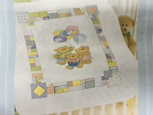 Herrschners Patchwork Teddies Stamped Cross Stitch Baby Quilt Teddy Bear Quilted - Picture 1 of 12