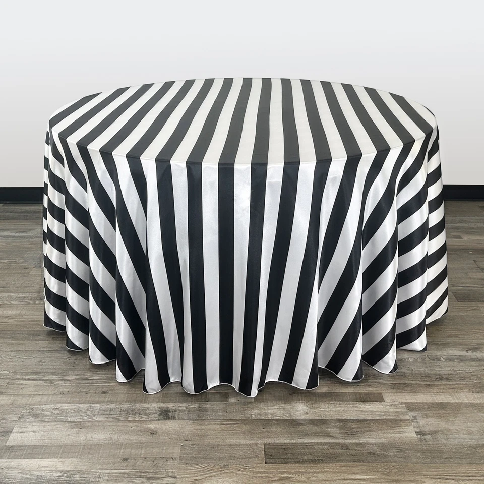 Your Chair Covers - 120 Inch Round Satin Tablecloth Black/White Striped Linens
