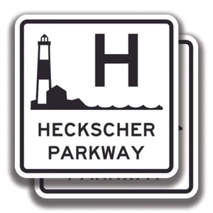 NEW YORK HECKSCHER PARKWAY STICKER 2 Decals Road Sign Bogo Highway Car Bumper - Picture 1 of 1