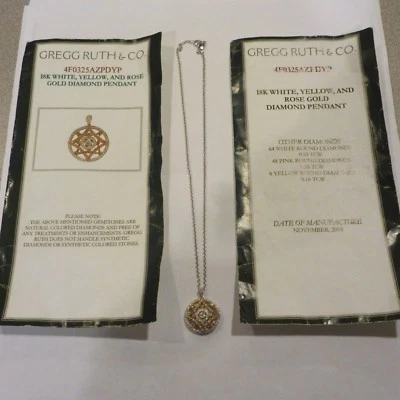 DISEÑADOR GREGG RUTH NATURAL ROSA AMARILLO BLANCO DIAMANTE ORO 18K COLGANTE CADENA CERTIFICADO DE AUTENTICIDAD Foto 1 de 4
