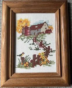 Vintage Cross Stitch Country House Farm Finished Framed Wall Art Picture W/Glass - Picture 1 of 24