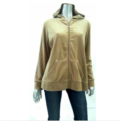 Style&co. Women Sweatshirt Hoodie S Camel Luxe Embellished Velour Full Zip Solid - Image 1 of 2