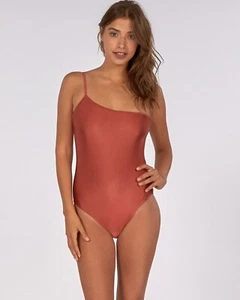 Billabong Love Bound One Shoulder Piece Swimsuit M Metallic Sienna Brown Solid - Picture 1 of 11