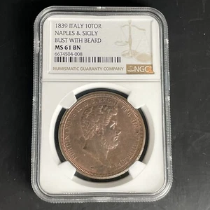 NGC Graded Italy 1839 10 Tornesi Naples & Sicily Busy With Beard MS 61 BN MS61 - Picture 1 of 5