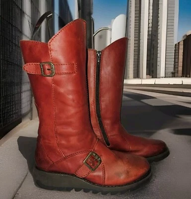 Fly London Mujer Botas MES 2 Cuña Hasta la pantorrilla Cuero EU 37 US 6.5-7 Rojo Foto 1 de 4