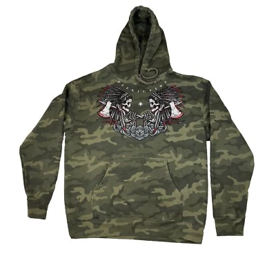 Affliction Camo Hoodie Mens L Indian Skull Rhinestone Black Label Rare Y2K VTG - Image 1 of 4