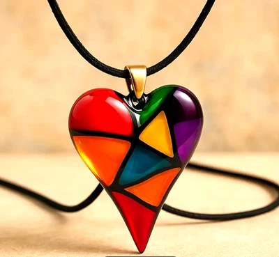 Collana Ciondolo Cuore Multicolor Donna Resina e Cuoio Rossa Elegante - Immagine 1 di 4