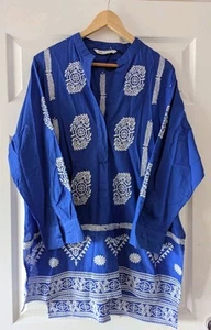 ZARA Blue Cotton Embroidered Tunic Kaftan Top Blouse XXL 2XL Holiday Boho CS - Picture 1 of 3