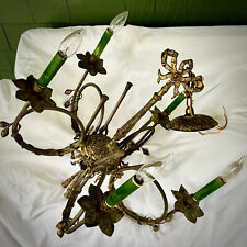 Gorgeous Vintage Tole Chandelier, Italy 1960s, Gold & Green
