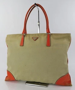 Authentic PRADA Beige Canvas and Orange Leather Tote Hand Bag Purse #60959 - Picture 1 of 1