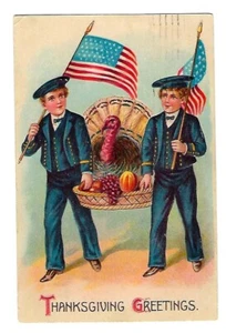 Postal de Acción de Gracias 1908 ASB #282 2 niños llevando un pavo y banderas americanas - Imagen 1 de 2