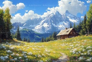 MOUNTAIN LANDSCAPE ART PRINT, Cottagecore Decor, Wildflowers House Poster, E280 - Picture 1 of 2