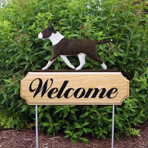 Bull Terrier Wood Welcome Outdoor Sign Brindle - Picture 1 of 1