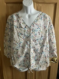 St John’s Bay Women’s XL Floral V-Neck Full Button Tied Hem 3/4 Sleeve Blouse - Picture 1 of 9