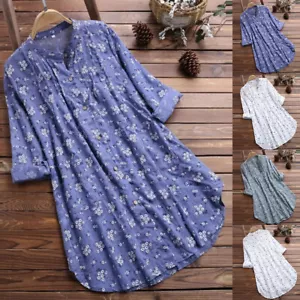 Womens Cotton Linen Shirt Dress Ladies Casual Loose Tunic Tops Blouse Plus Size - Picture 1 of 17