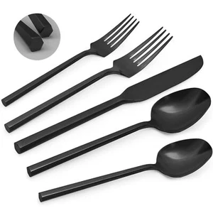 Black 20 Piece Forged Stainless Steel Silverware Set Hexagon Handle Flatware Mod - Picture 1 of 7