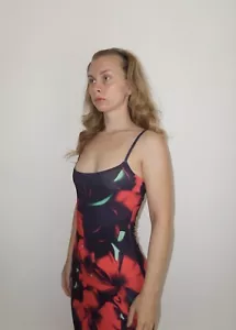 Black & Red Hibiscus Maxi Dress, Strappy Bodycon Dress, Floral 90s Scoop Neck - Picture 1 of 8