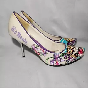Ed Hardy Tiger Floral Canvas Heels Stiletto Pumps Colorful Shoes US 10 - Picture 1 of 16