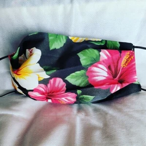 Face mask HAWAIIAN PINK YELLOW HIBISCUS ๐บ with filter pocket - Picture 1 of 4