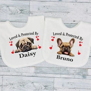 Loved & Protected By Dog Breeds New Baby Bib Personalised - Picture 1 of 26