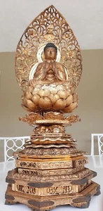 RARE EDO ERA JAPANESE CARVED WOOD SHRINE BUDDHA SEATED ON LOTUS FLOWER 3 PARTS - Picture 1 of 24