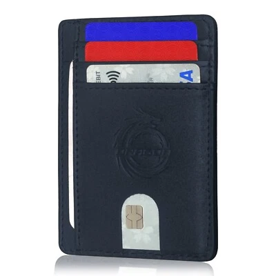 DRAGON Mini RFID Blocking Pure Leather Card Holder Credit Card Cash Slot Wallet - Image 1 of 3