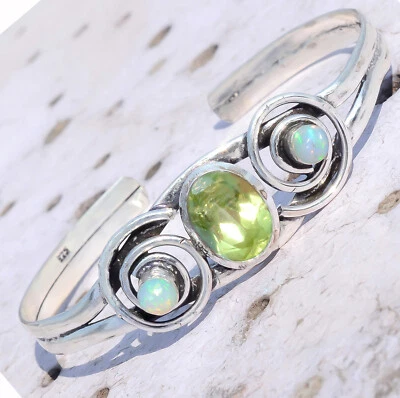 Green Oval Peridot, Fire Opal Gemstone Bracelet 925 Sterling Silver Man's Cuff - Image 1 of 4