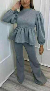 Damen Rüschen Schößchen Puffärmel 2-teiliges Anzug Fleece ausgestelltes Bein Loungewear Set - Bild 1 von 4