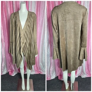 Vocal Taupe Crystal Studded Faux Suede Duster Cardigan Jacket Size Medium - Picture 1 of 17