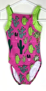 GK Elite CM Gymnastics Leotard Child Medium Pink Green Cactus Stick It Print - Picture 1 of 4
