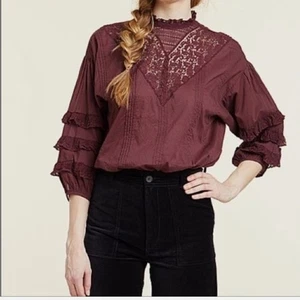 Frye Women’s Burgundy Diya Sassafras Long Sleeve Lacey Fashion Blouse Sz-L - Picture 1 of 8